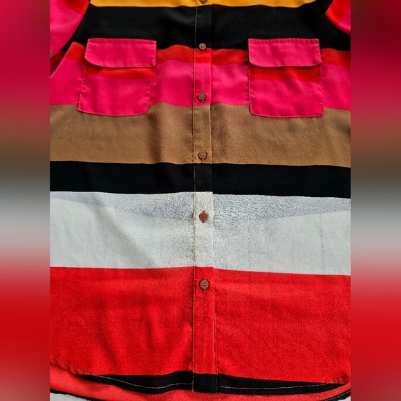 Collective Concepts Bright Stripe Colorful Half Sleeve Button Up Chiffon Blouse - Picture 8 of 11